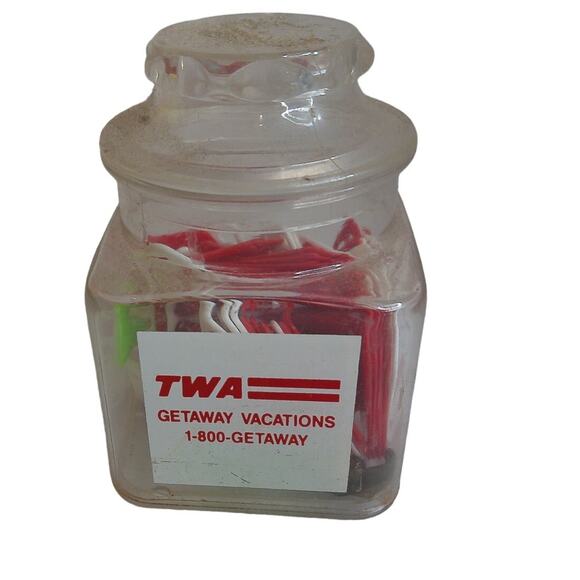 Vintage TWA Getaway Vacations Storage Jar with Logo Paper Clips - Picture 1 of 6
